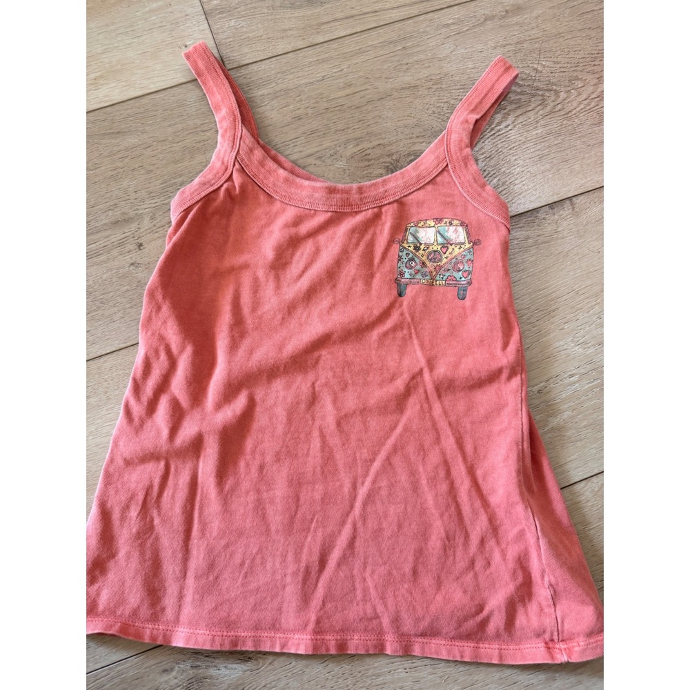O'Neill Women Coral Pink Camper Van Graphic Tank Top Small Boho Surf Ribbed 242